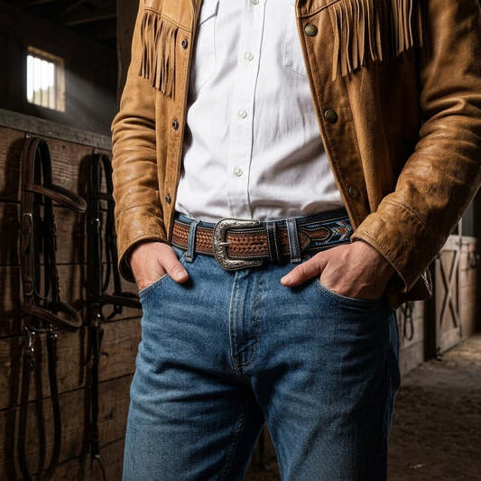 Multicolour Carving Western Beaded Belt with Hand Tooling Brown Strap & Silver Buckle