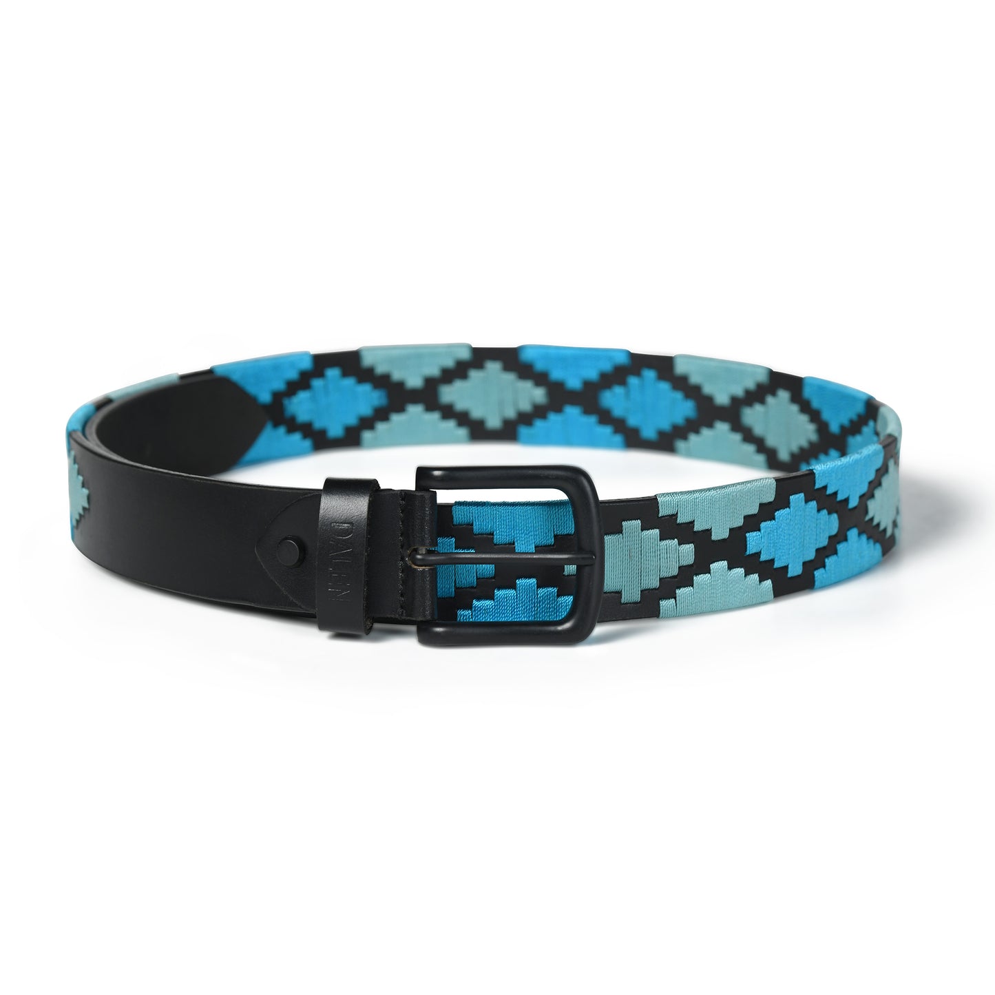 Nova-Black Polo Leather Belt – Black Buckle, Light Blue & Green Stitching