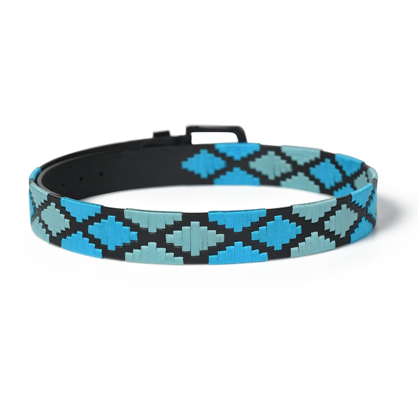 Nova-Black Polo Leather Belt – Black Buckle, Light Blue & Green Stitching