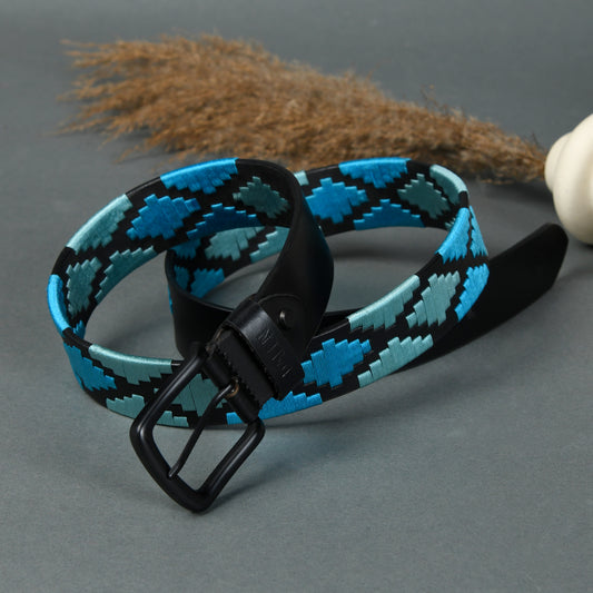 Nova-Black Polo Leather Belt – Black Buckle, Light Blue & Green Stitching
