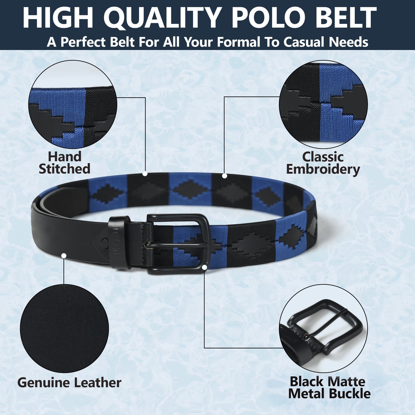Handcrafted Black Polo Leather Belt graphic photo explaining about product