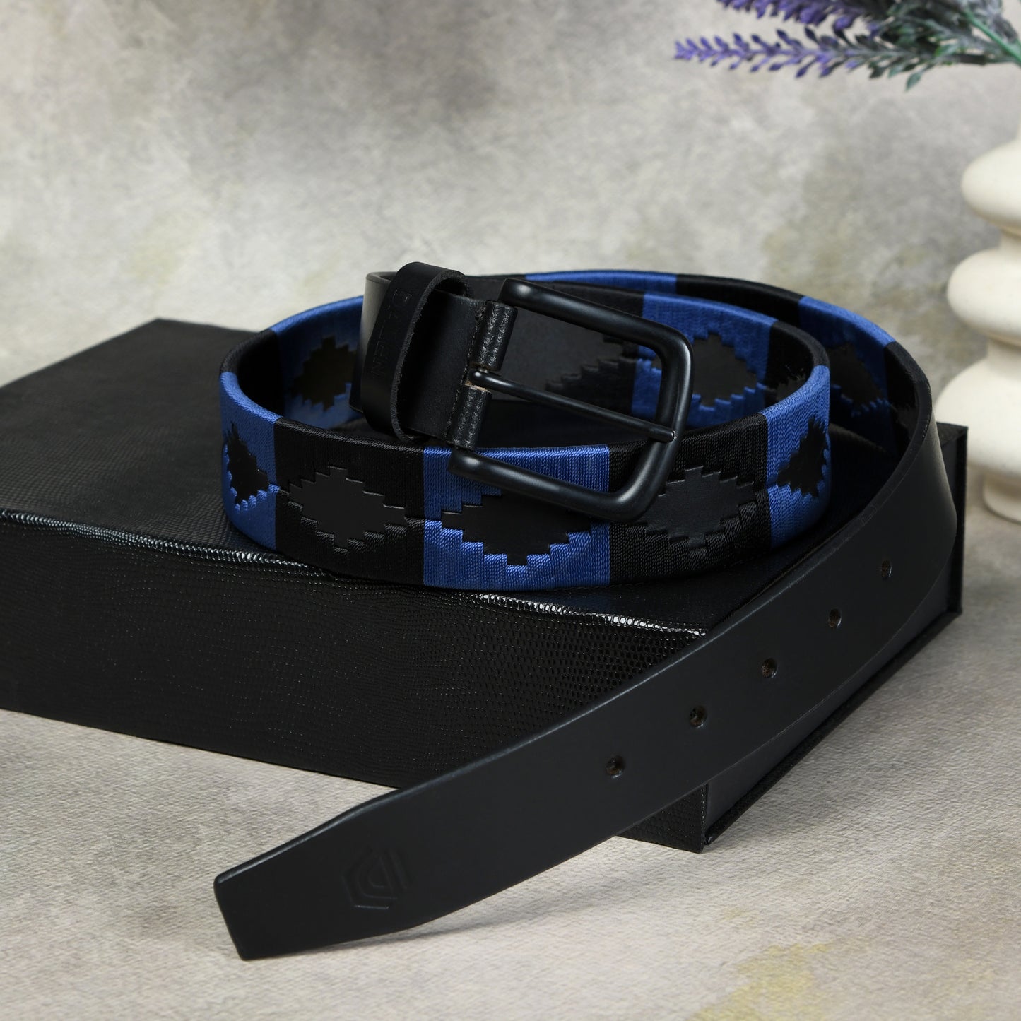 Handcrafted Black Polo Leather Belt Studio Photo