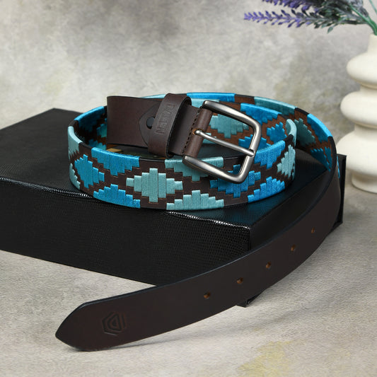 Handcrafted Brown Polo Leather Belt with Blue Stitching – Made in India Studio Photo 2