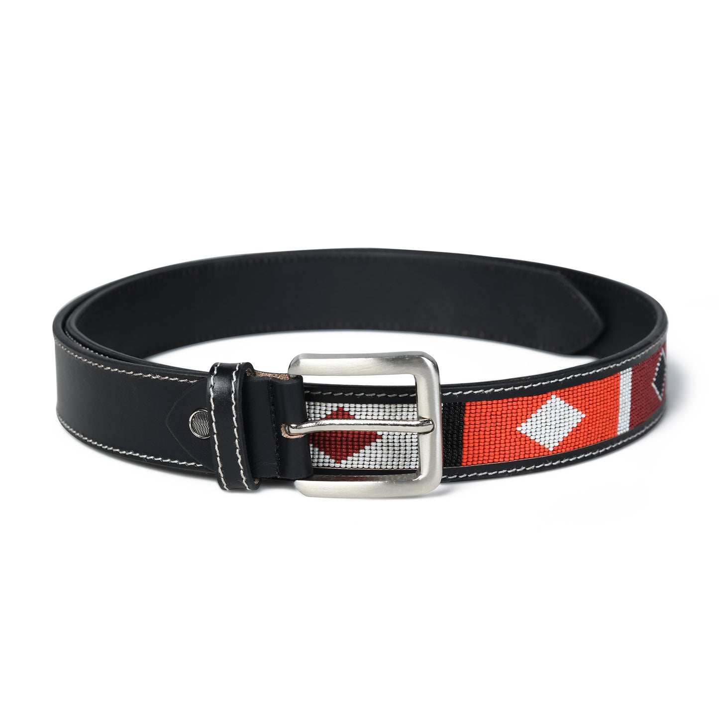 Western Beaded Belt – Red & White Beads with Silver Buckle & Black Strap