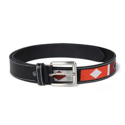 Western Beaded Belt – Red & White Beads with Silver Buckle & Black Strap