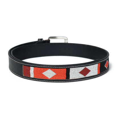 Western Beaded Belt – Red & White Beads with Silver Buckle & Black Strap