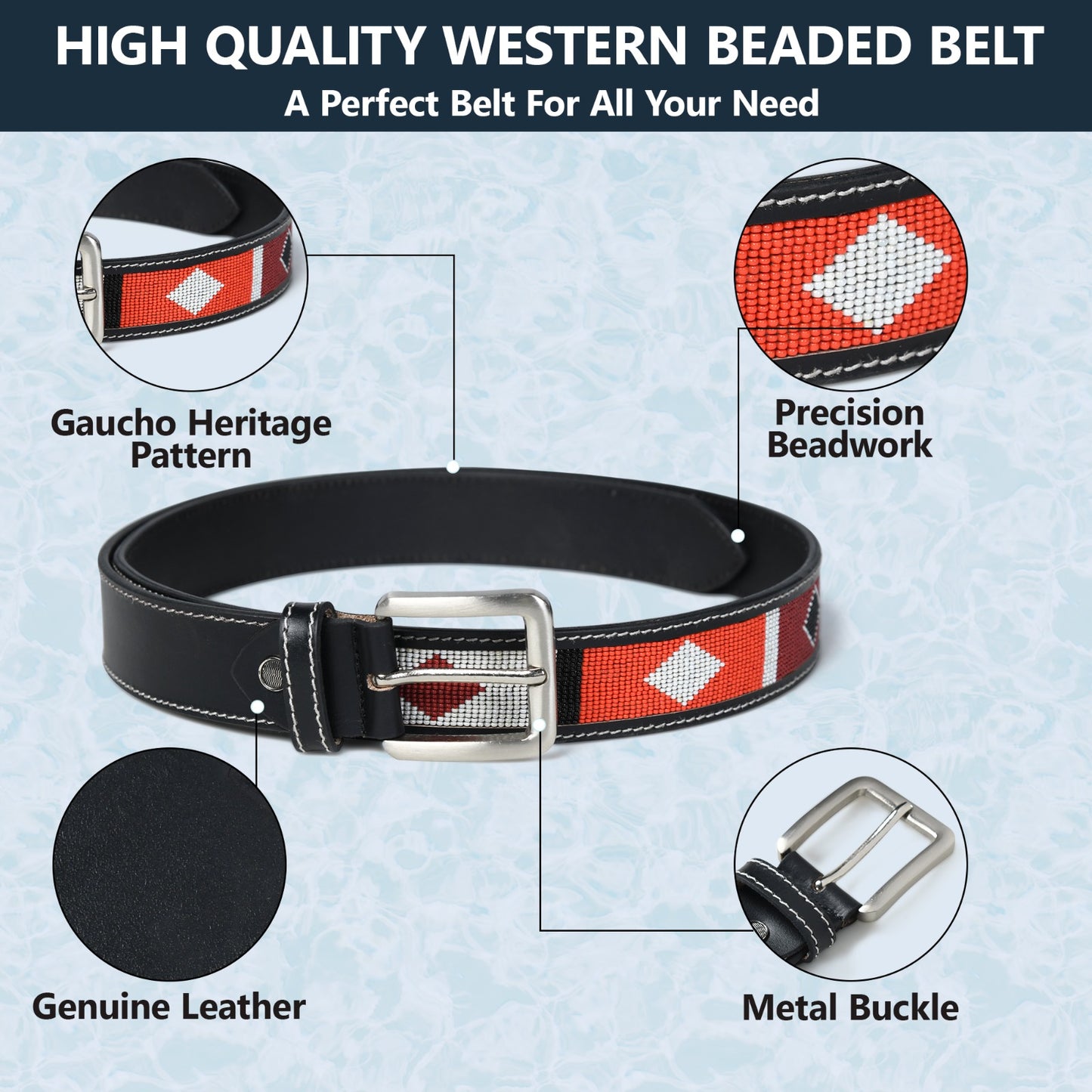 Western Beaded Belt – Red & White Beads with Silver Buckle & Black Strap