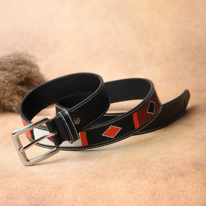 Western Beaded Belt – Red & White Beads with Silver Buckle & Black Strap