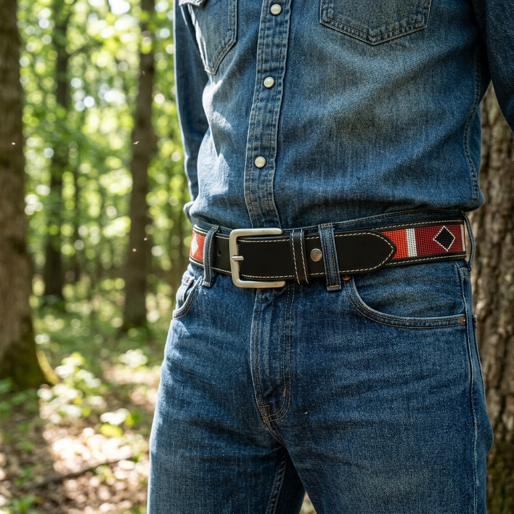 Western Beaded Belt – Red & White Beads with Silver Buckle & Black Strap