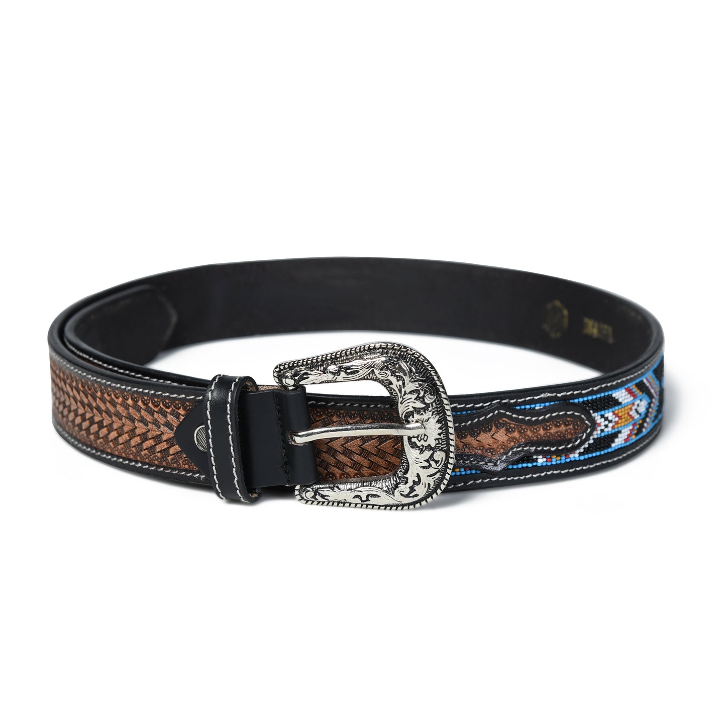 Multicolour Carving Western Beaded Belt with Hand Tooling Brown Strap & Silver Buckle
