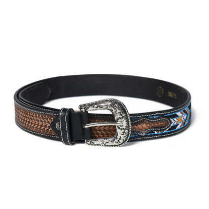 Multicolour Carving Western Beaded Belt with Hand Tooling Brown Strap & Silver Buckle