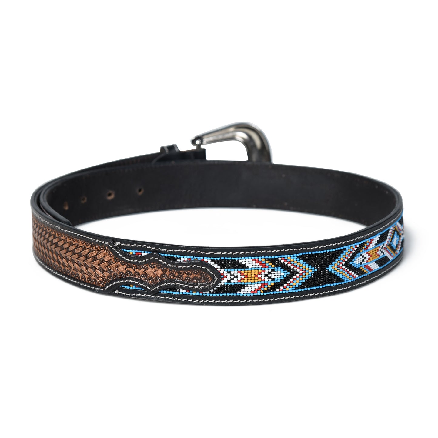 Multicolour Carving Western Beaded Belt with Hand Tooling Brown Strap & Silver Buckle