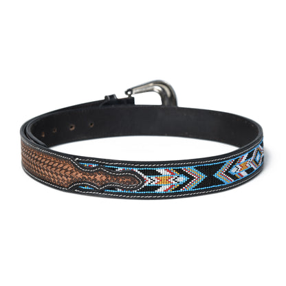 Multicolour Carving Western Beaded Belt with Hand Tooling Brown Strap & Silver Buckle