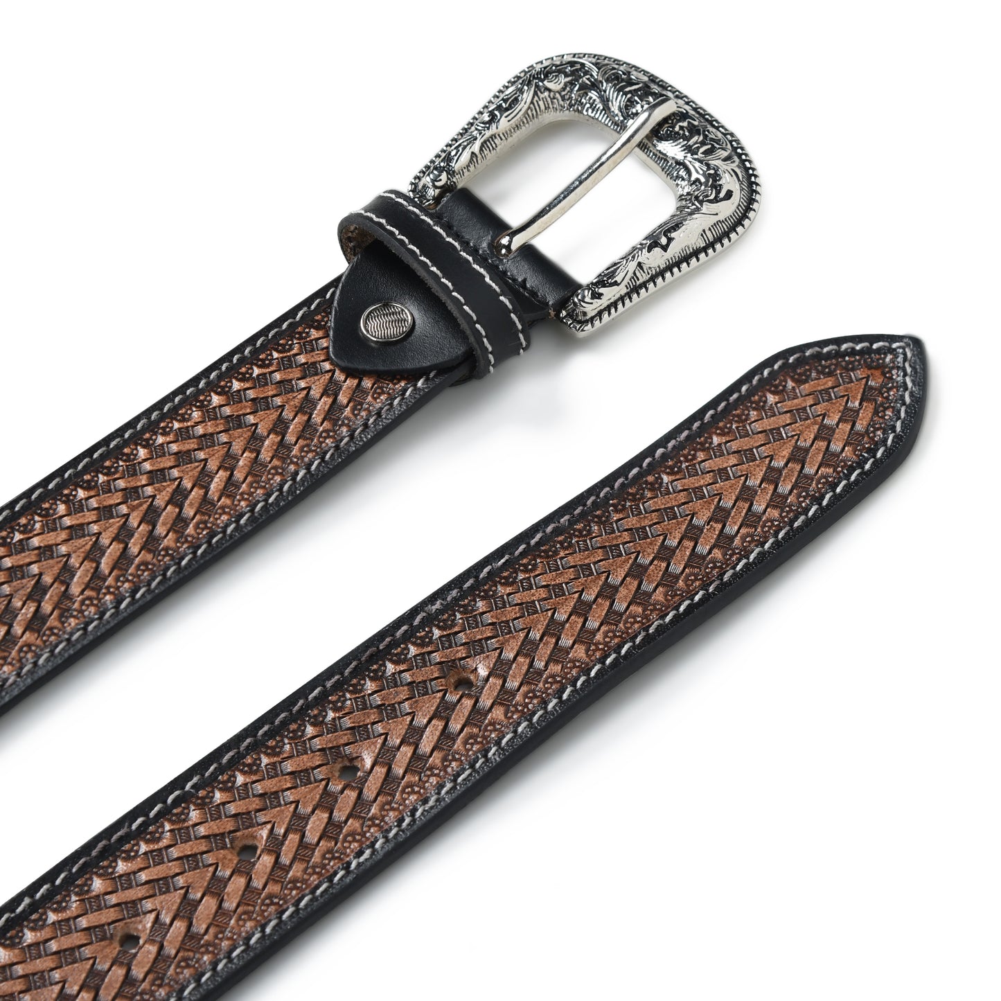 Multicolour Carving Western Beaded Belt with Hand Tooling Brown Strap & Silver Buckle