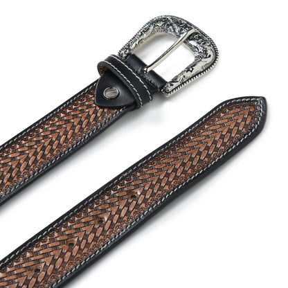 Multicolour Carving Western Beaded Belt with Hand Tooling Brown Strap & Silver Buckle