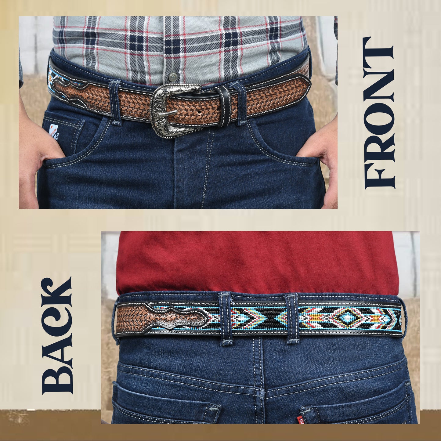 Multicolour Carving Western Beaded Belt with Hand Tooling Brown Strap & Silver Buckle