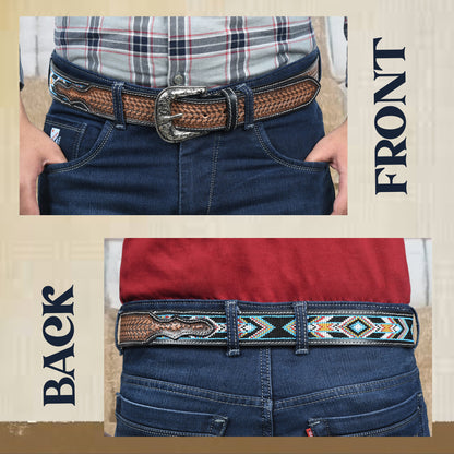 Multicolour Carving Western Beaded Belt with Hand Tooling Brown Strap & Silver Buckle