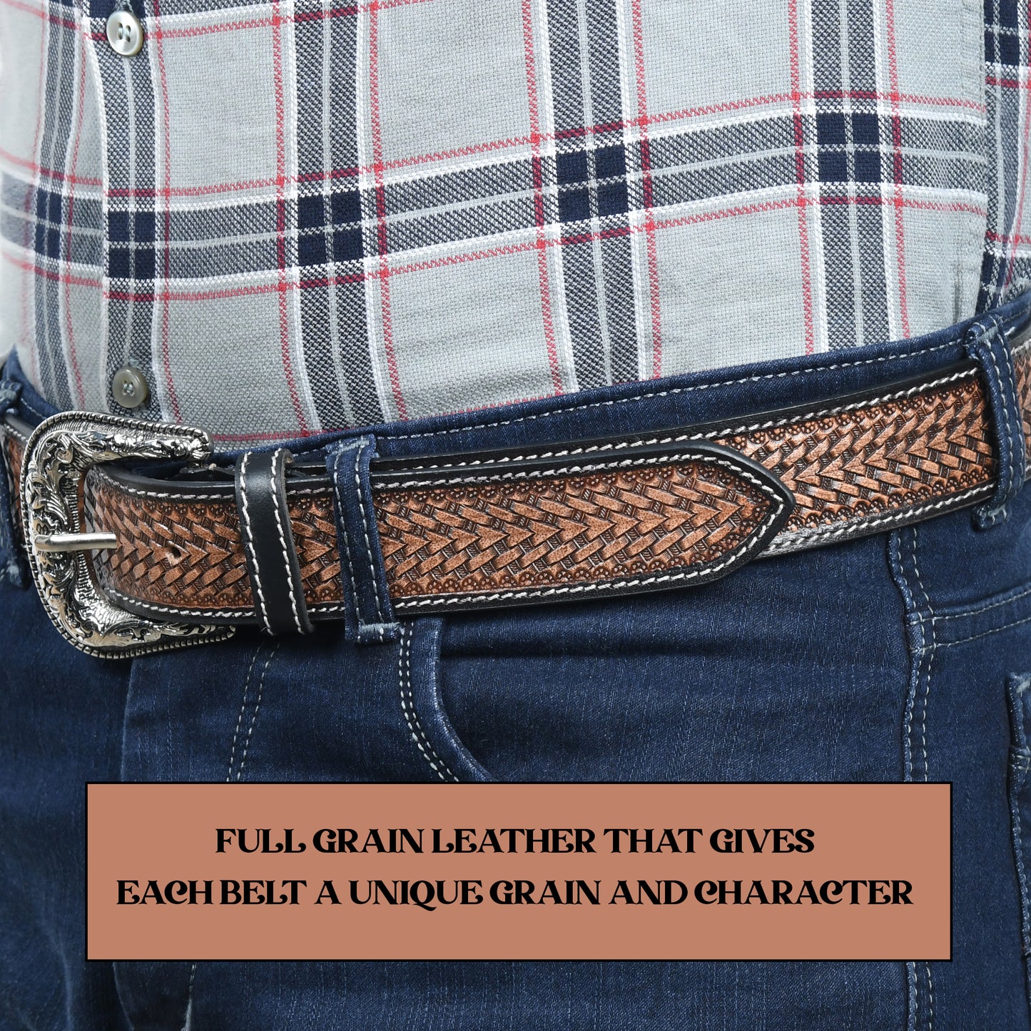 Multicolour Carving Western Beaded Belt with Hand Tooling Brown Strap & Silver Buckle