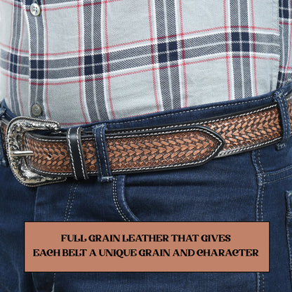 Multicolour Carving Western Beaded Belt with Hand Tooling Brown Strap & Silver Buckle