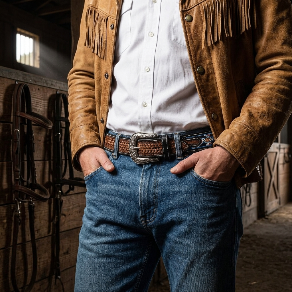 Multicolour Carving Western Beaded Belt with Hand Tooling Brown Strap & Silver Buckle
