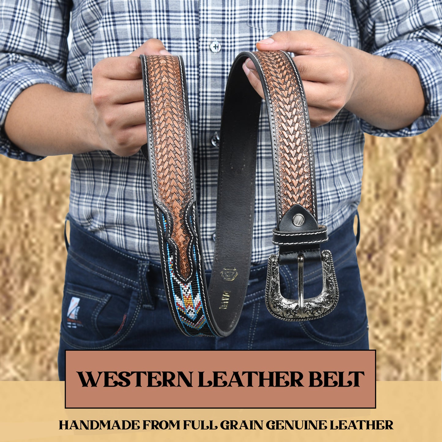 Multicolour Carving Western Beaded Belt with Hand Tooling Brown Strap & Silver Buckle
