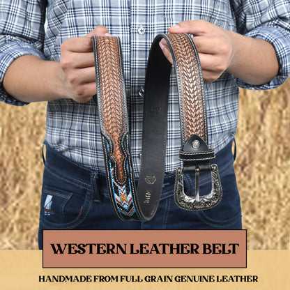 Multicolour Carving Western Beaded Belt with Hand Tooling Brown Strap & Silver Buckle