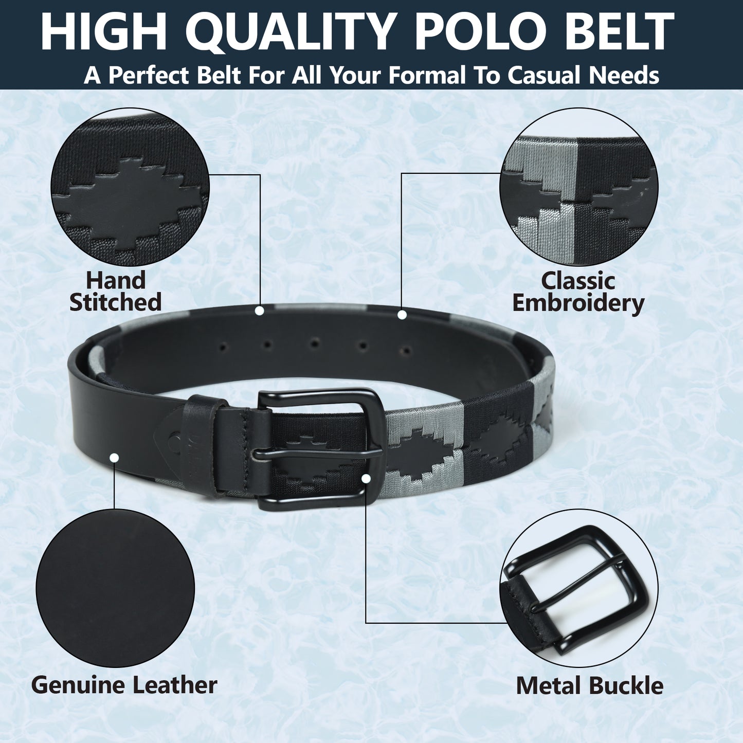 Eclipse-Black Polo Leather Belt with Black Stitching & Black Buckle
