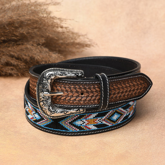 Multicolour Carving Western Beaded Belt with Hand Tooling Brown Strap & Silver Buckle