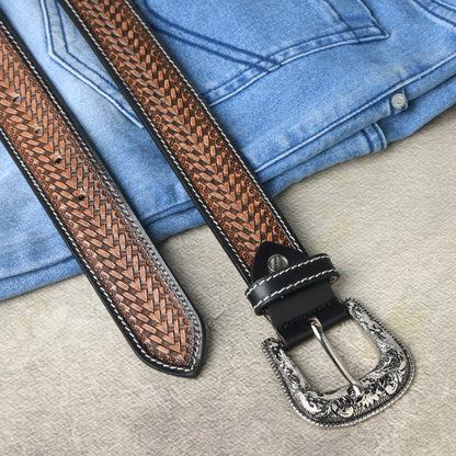 Multicolour Carving Western Beaded Belt with Hand Tooling Brown Strap & Silver Buckle