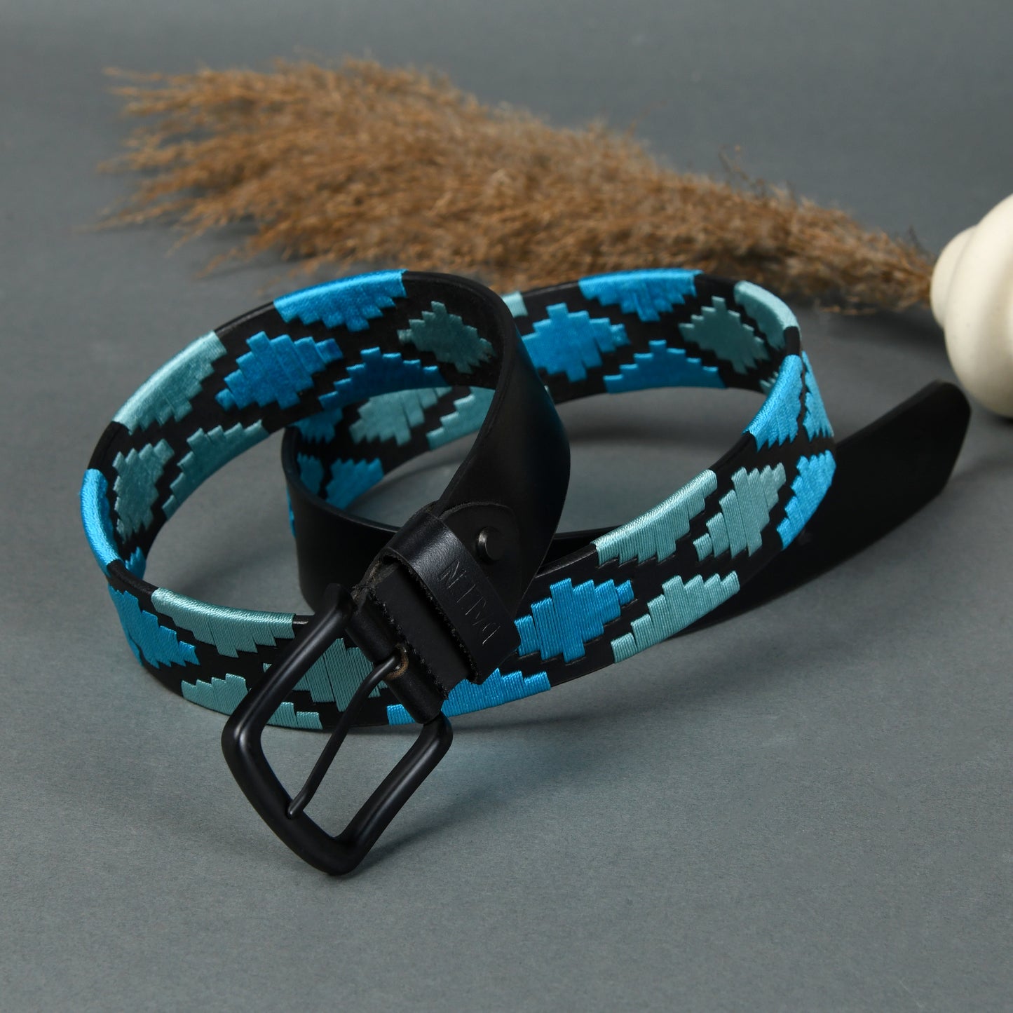 Nova-Black Polo Leather Belt – Black Buckle, Light Blue & Green Stitching