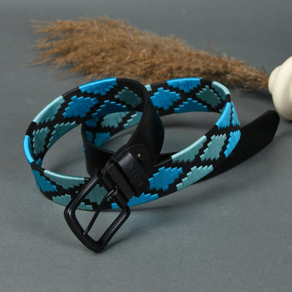 Nova-Black Polo Leather Belt – Black Buckle, Light Blue & Green Stitching