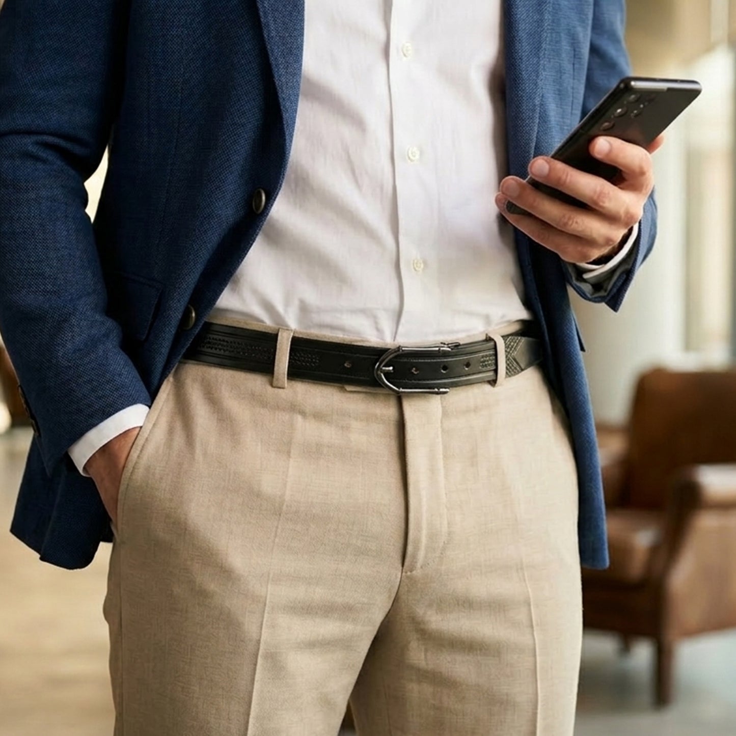 Designer  Casual Black Leather Belt with Black-Silver Buckle