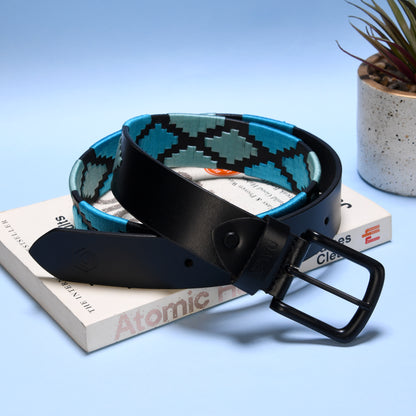 Nova-Black Polo Leather Belt – Black Buckle, Light Blue & Green Stitching