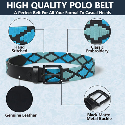 Nova-Black Polo Leather Belt – Black Buckle, Light Blue & Green Stitching