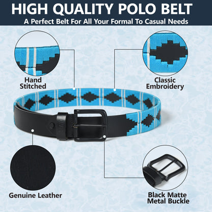 Black Polo Leather Belt with Black Buckle & Contrast Stitching graphic photo explaining the details of the product