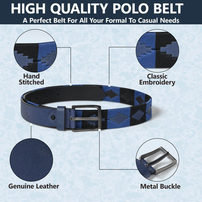 Handcrafted Blue Polo Leather Belt Graphic photo explaining all the details about product