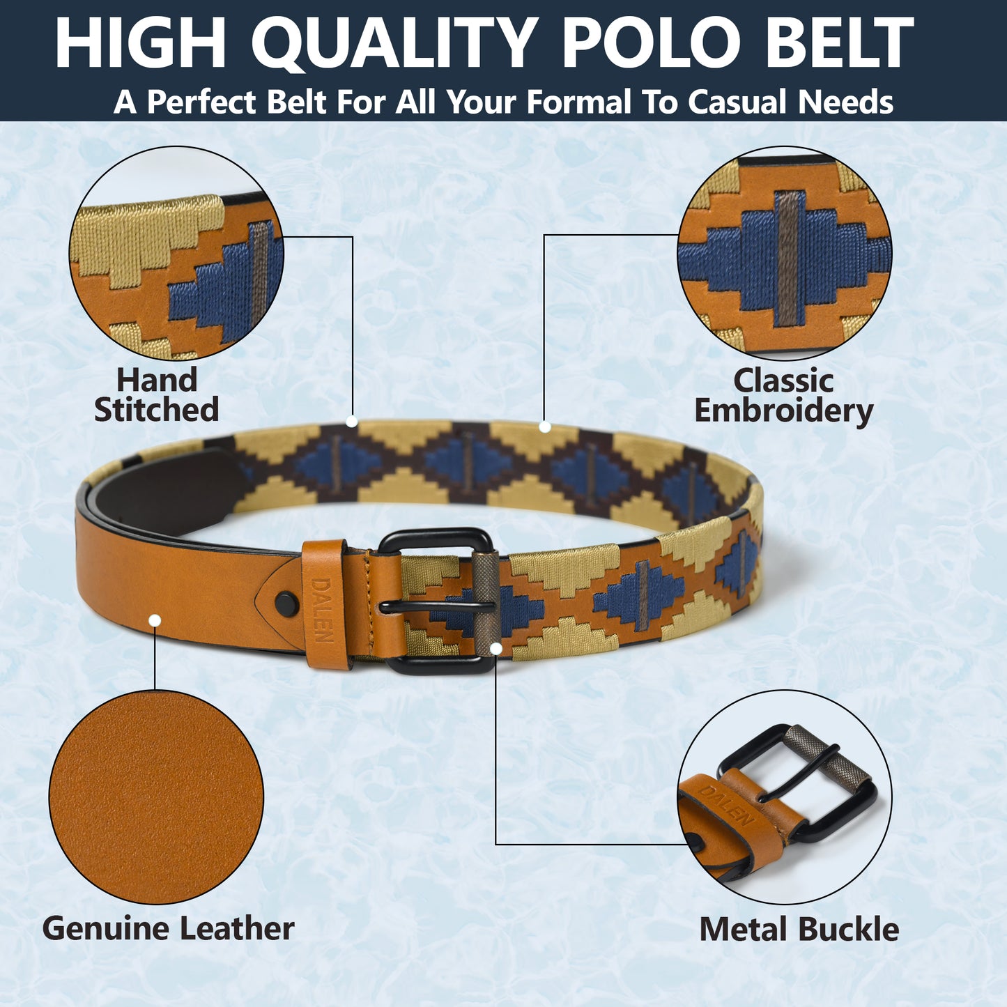 Handcrafted Tan Polo Leather Belt Graphic Phot Explaining about Product Details